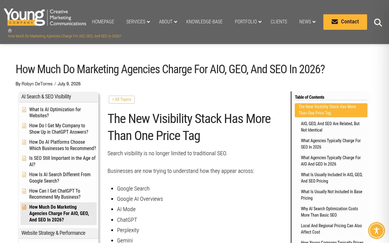 Young Company's breakdown of AIO, GEO and SEO agency pricing in 2026