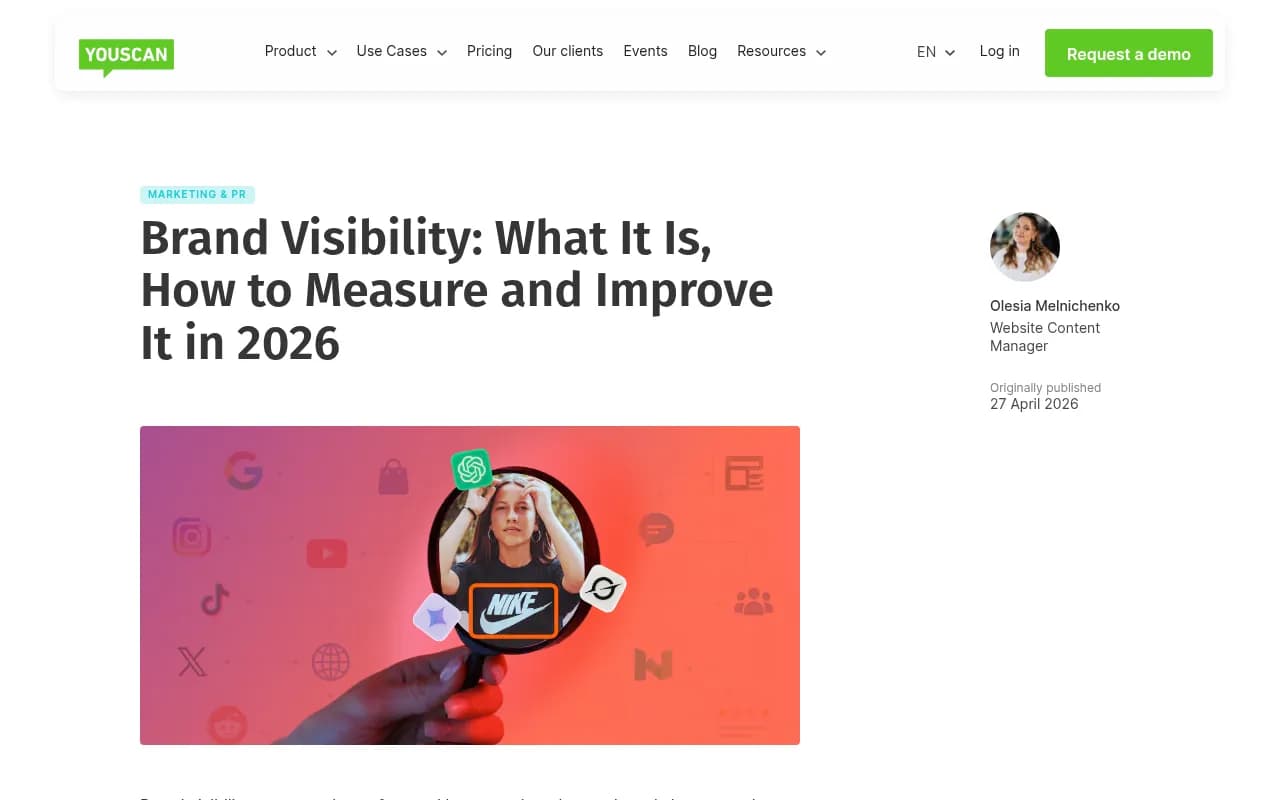 Brand visibility measurement guide from YouScan showing how visibility spans search, social, and AI channels