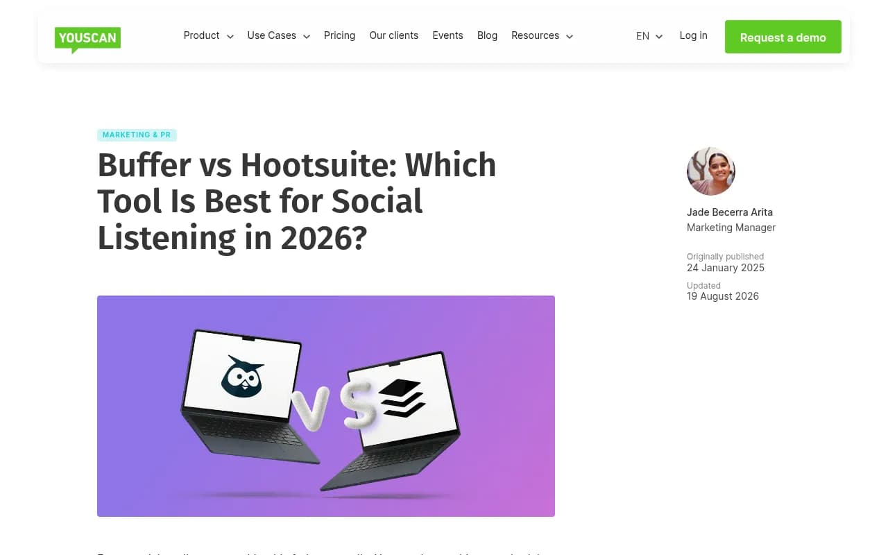 The YouScan comparison of Buffer vs Hootsuite for social listening, which documents Hootsuite's 2026 product reorganization into Perch, Nest, Parliament, Wisdom, and Lumen.