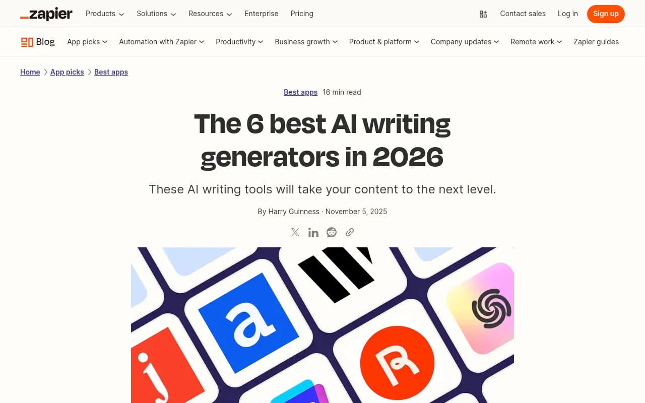 Zapier's 2026 roundup of the best AI writing generators, showing how the bar has shifted for dedicated writing apps