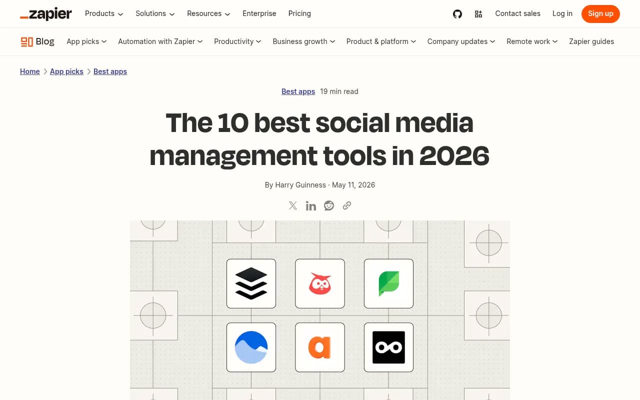 Zapier's roundup of the best social media management tools in 2026, showing a comparison of top platforms