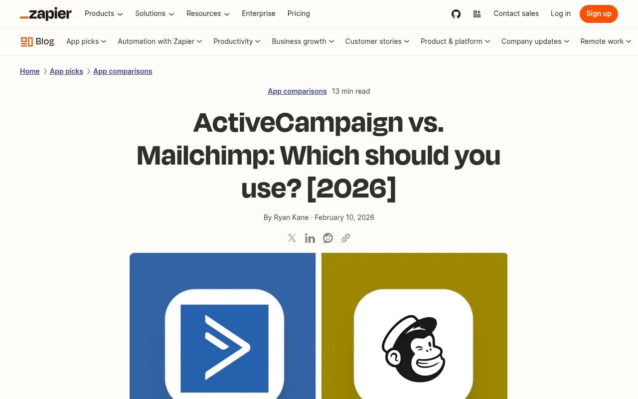 Zapier's 2026 head-to-head comparison of ActiveCampaign and Mailchimp, with star ratings for ease of use, customization, automation, AI features, pricing, and integrations.