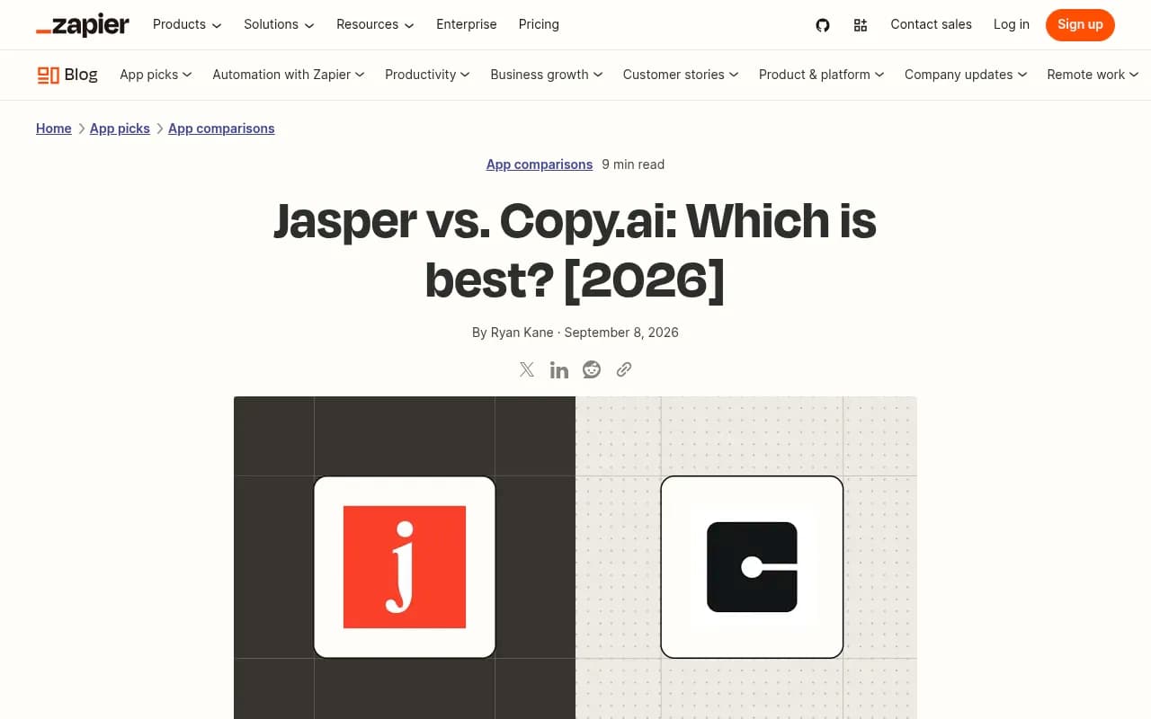 Zapier's 2026 comparison of Jasper and Copy.ai, both of which have repositioned away from simple copywriting toward enterprise AI platforms