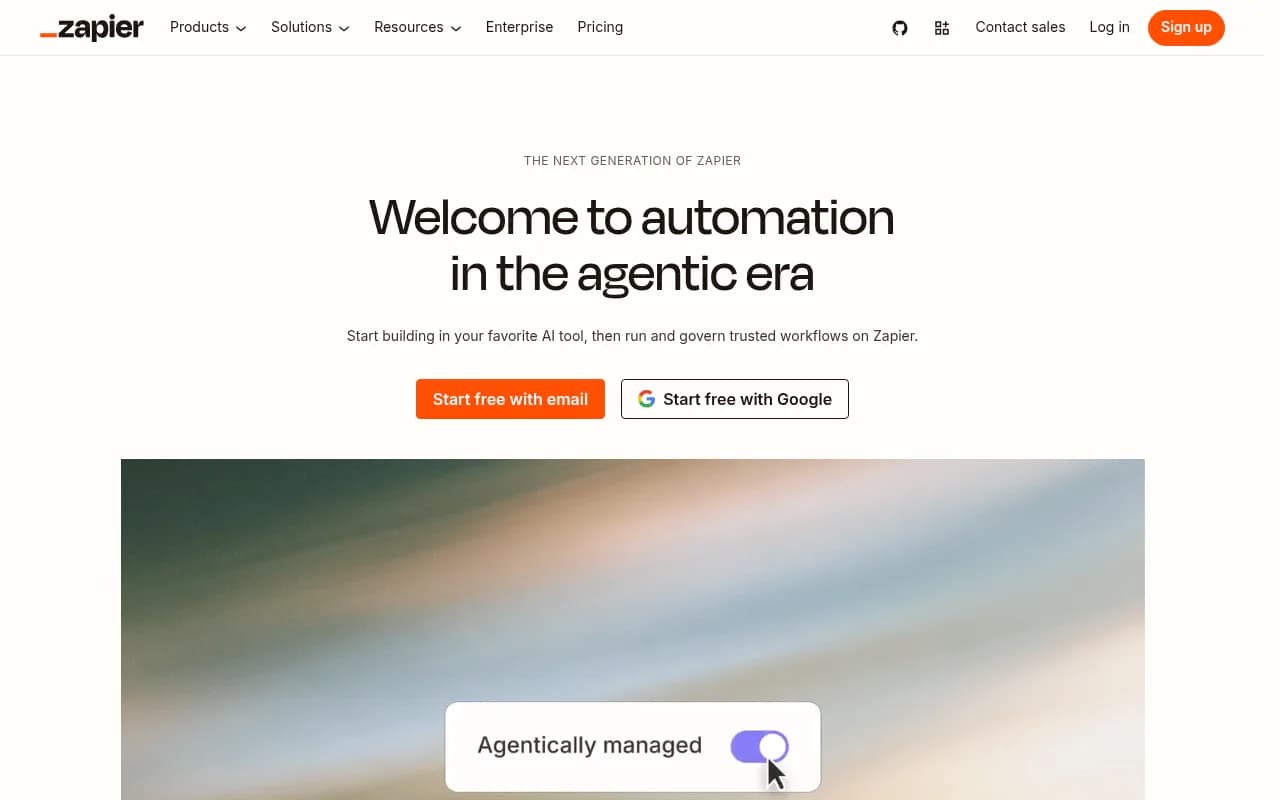 Zapier homepage describing automation in the agentic era