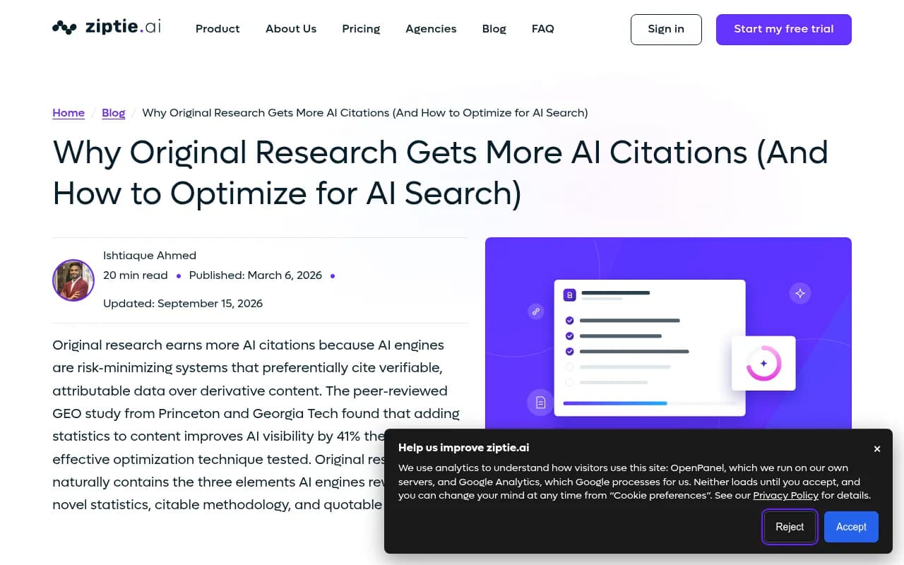 ziptie.ai guide summarizing why original research earns more AI citations, with key findings on statistics and citation rates