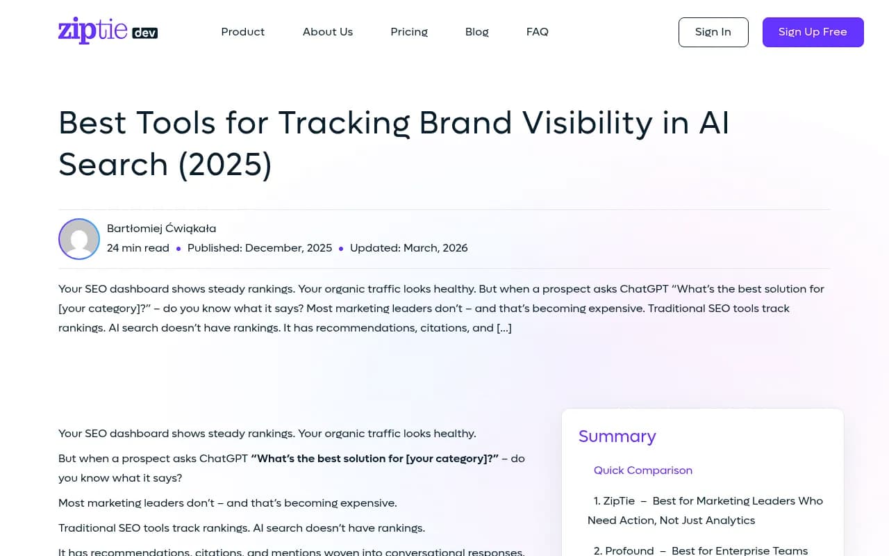 ZipTie's research guide on AI visibility tracking tools, showing the competitive landscape for brand monitoring in AI search