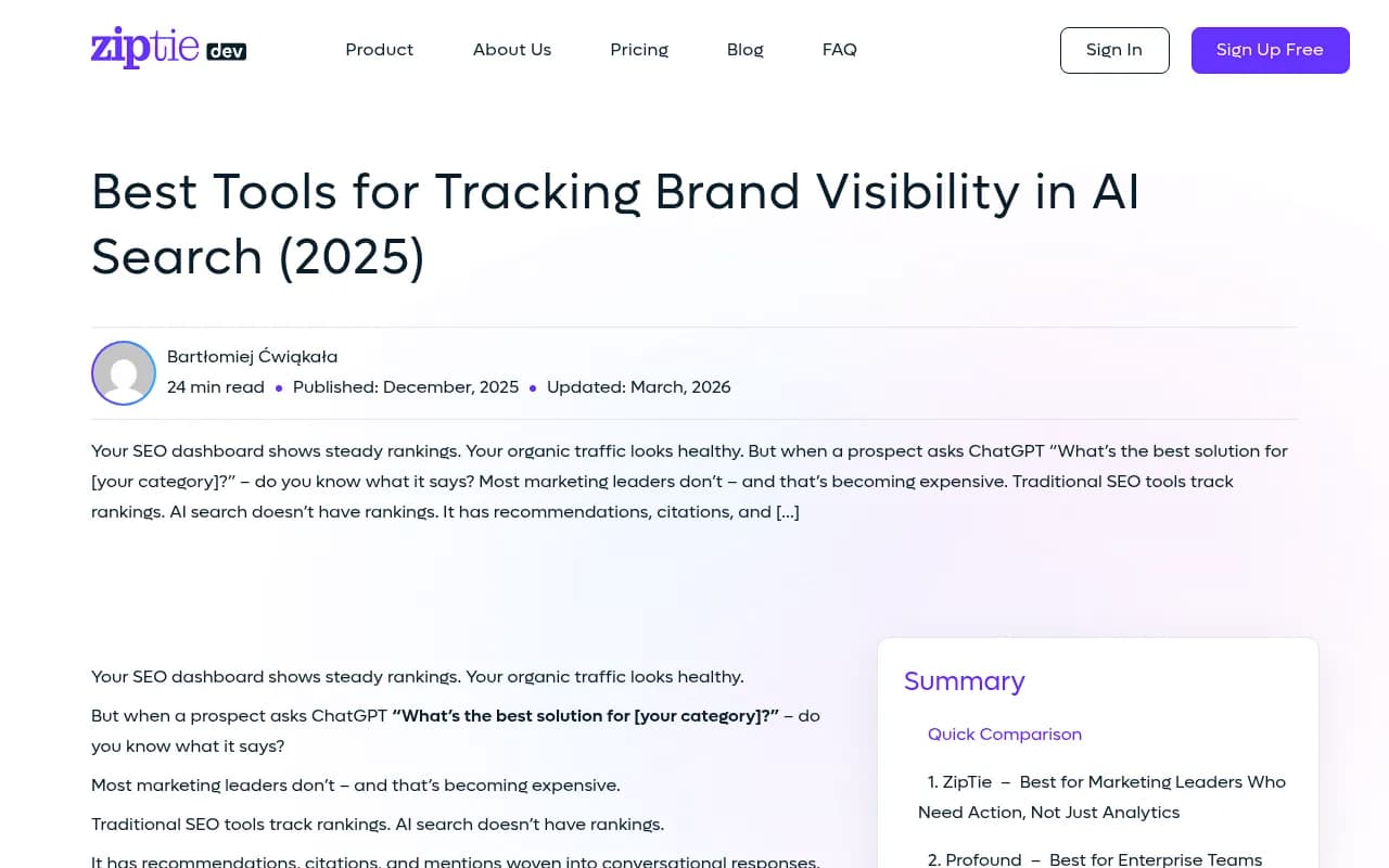 ZipTie's comparison of AI visibility tools showing feature breakdowns across platforms