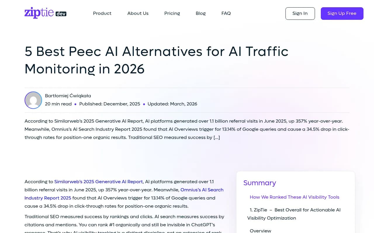 ZipTie alternatives comparison page showing Peec AI and other GEO platforms