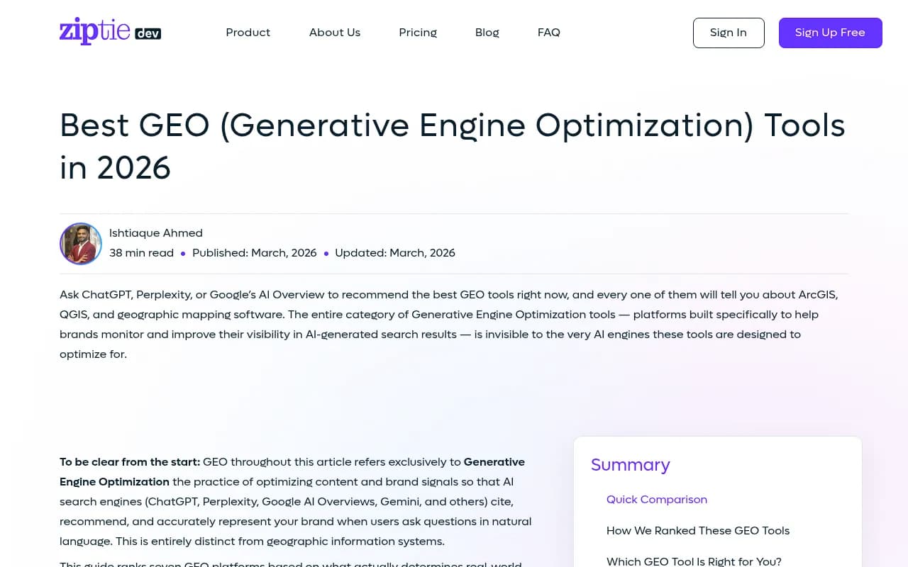 GEO tools comparison landscape from ZipTie.dev's 2026 roundup