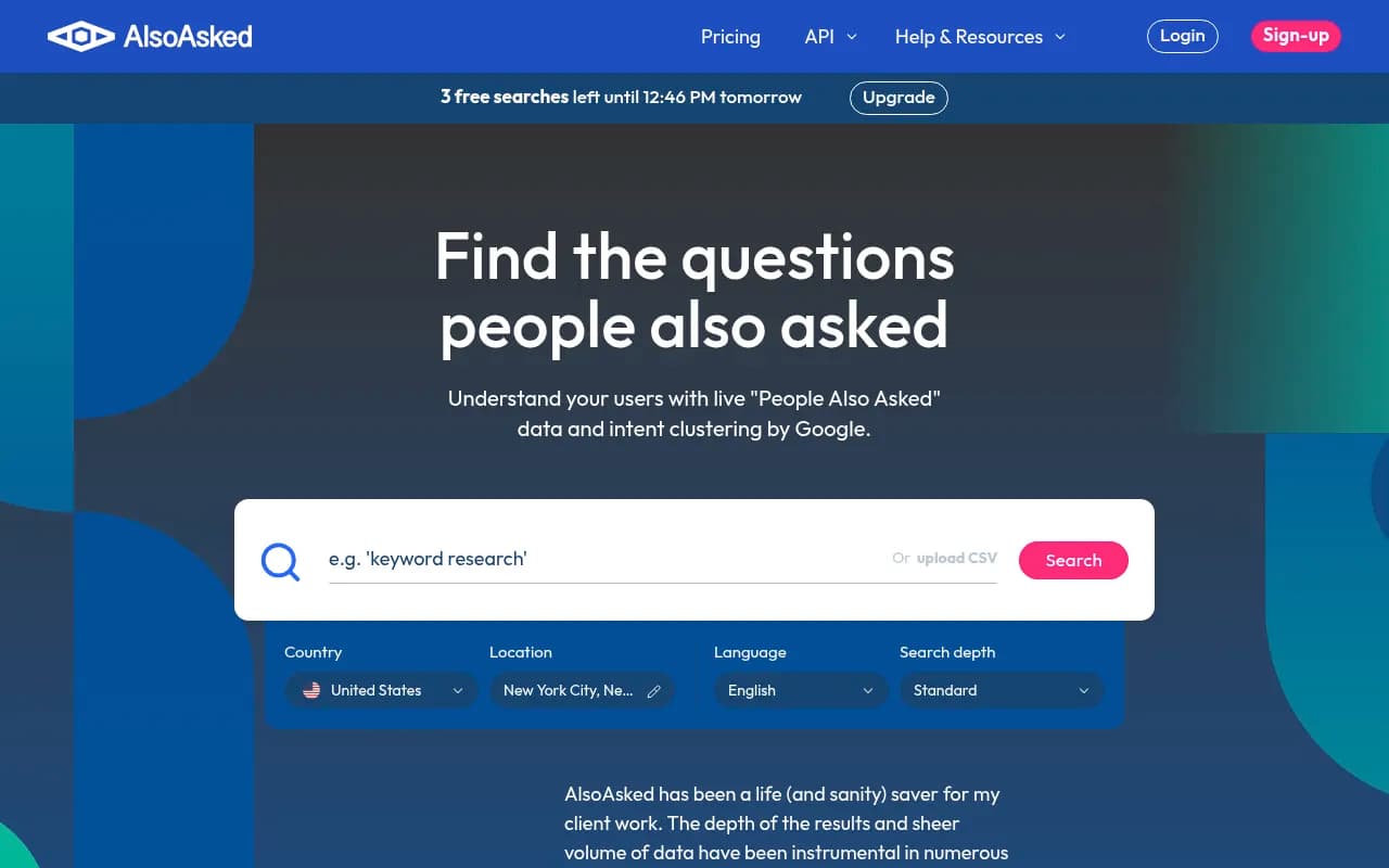 Screenshot of AlsoAsked website