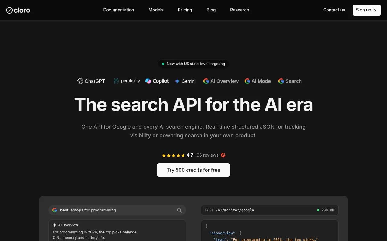 Screenshot of cloro website