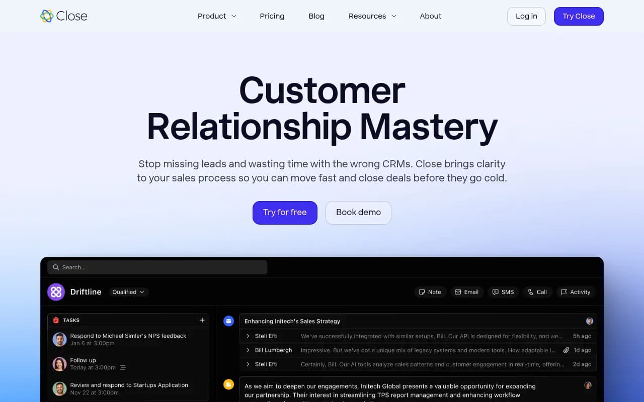 Screenshot of Close CRM website
