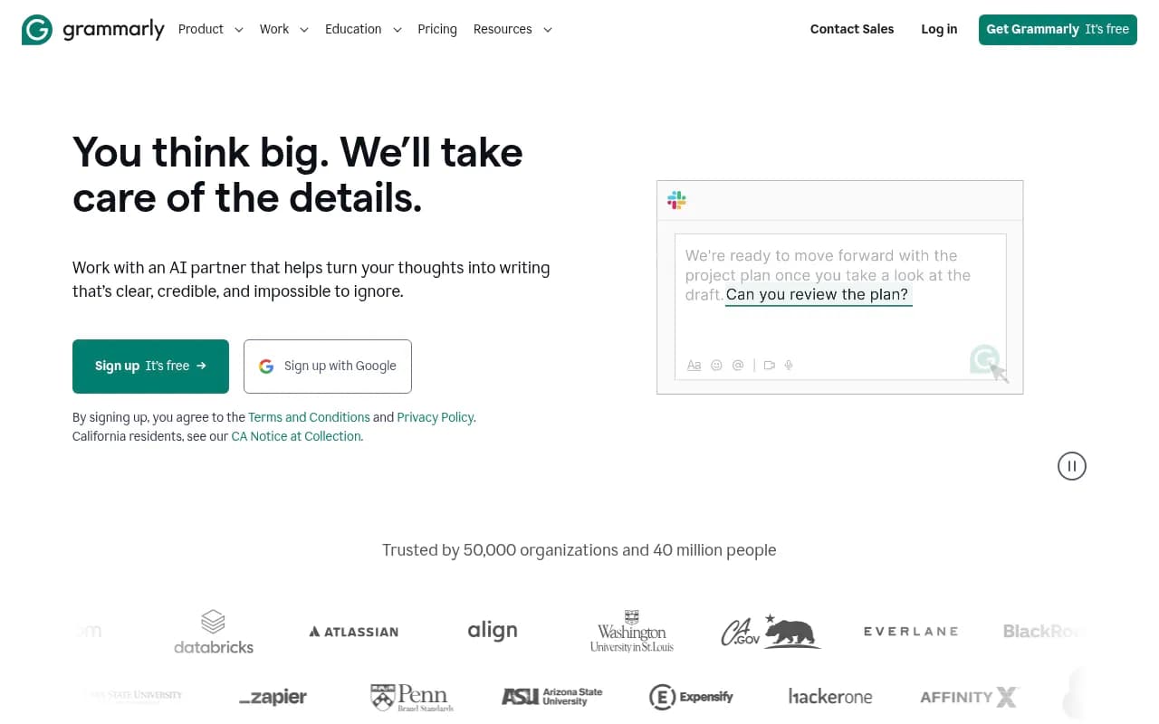 Screenshot of Grammarly website