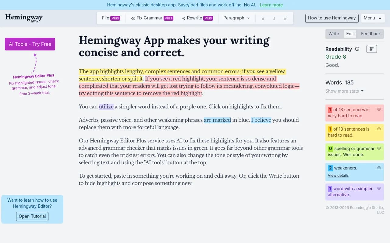 Screenshot of Hemingway App website