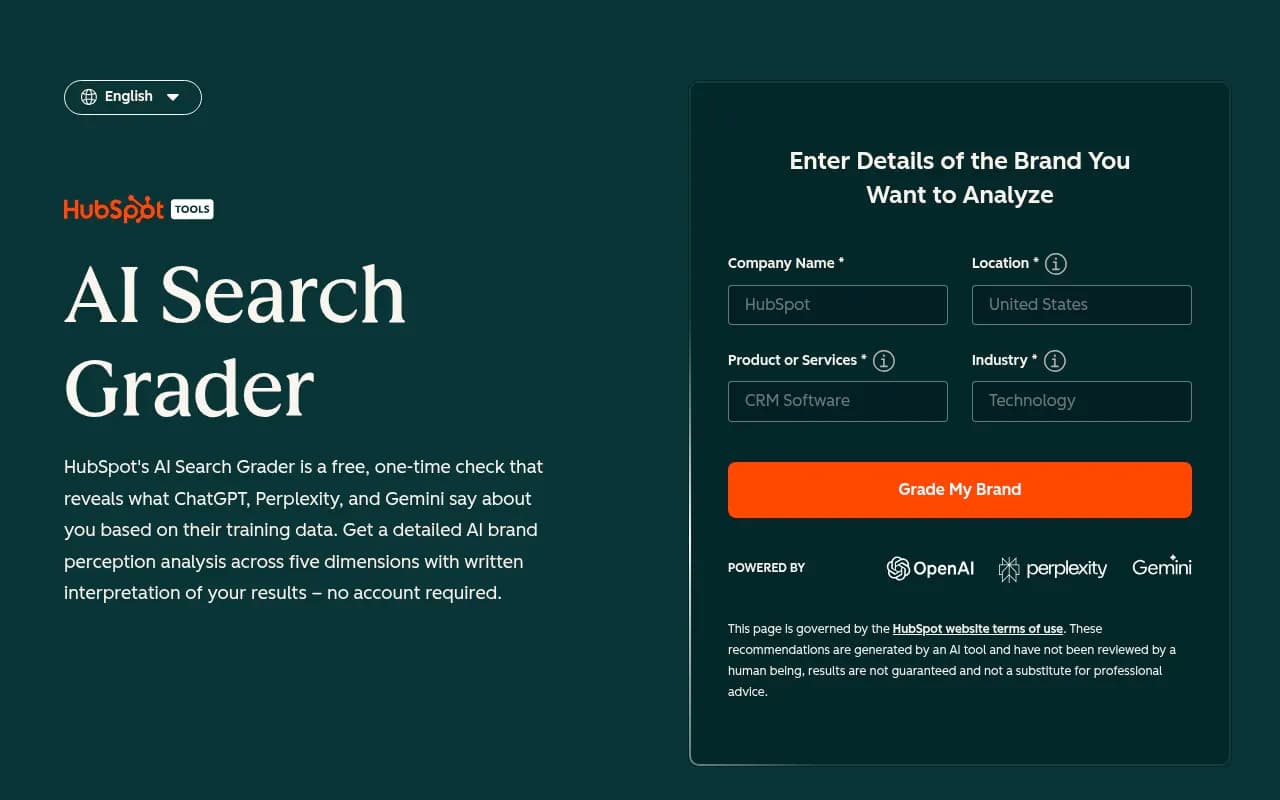 Screenshot of HubSpot AI Search Grader website