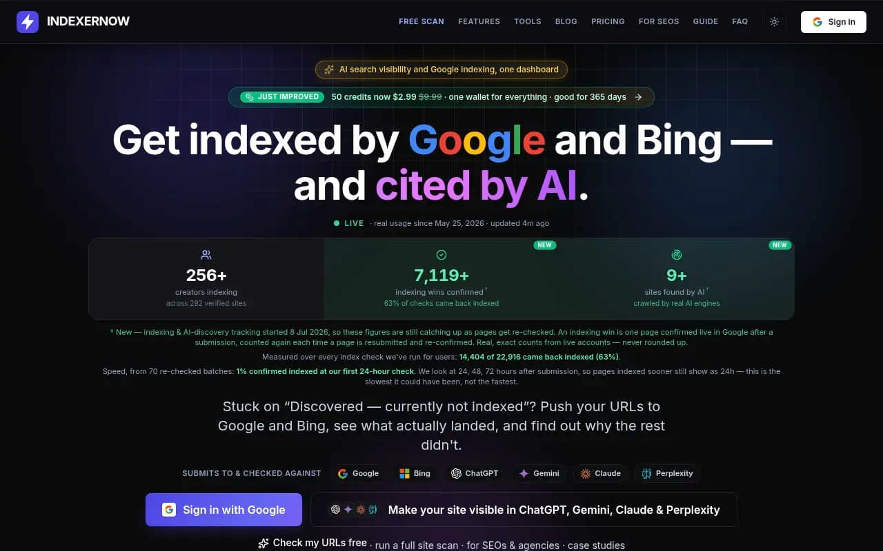 Screenshot of IndexerNow website