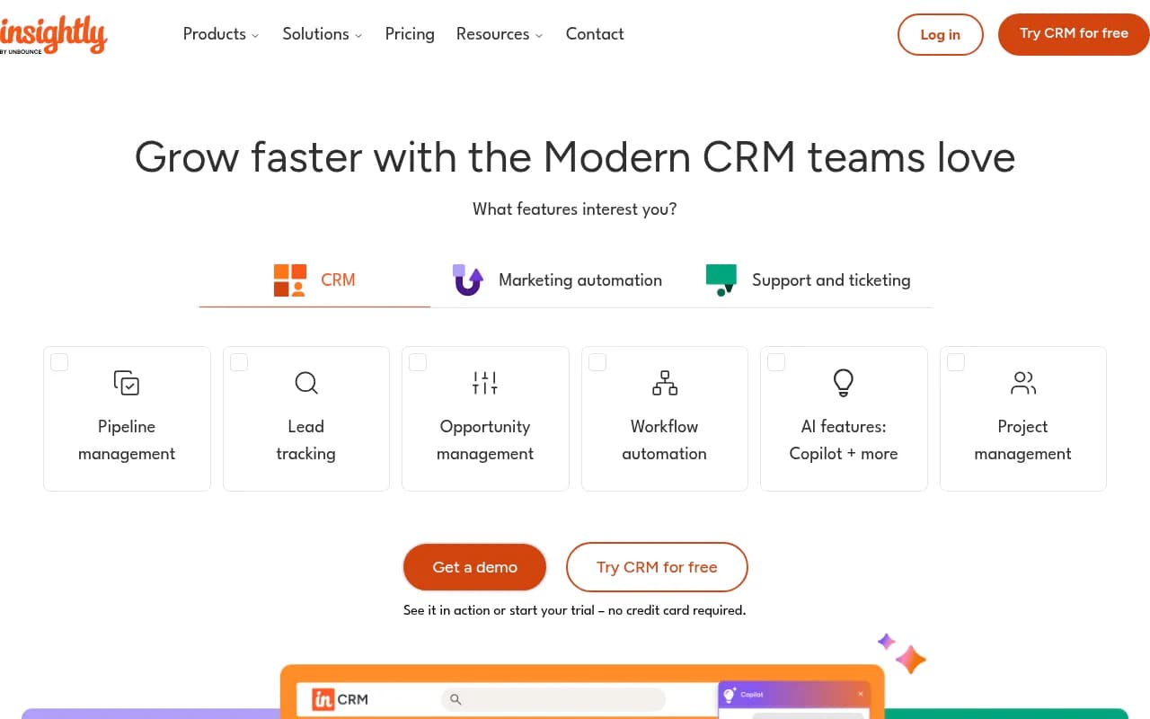 Screenshot of Insightly CRM website