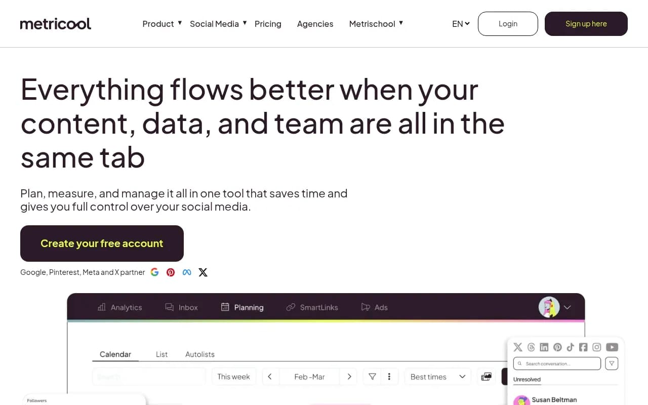 Screenshot of Metricool website