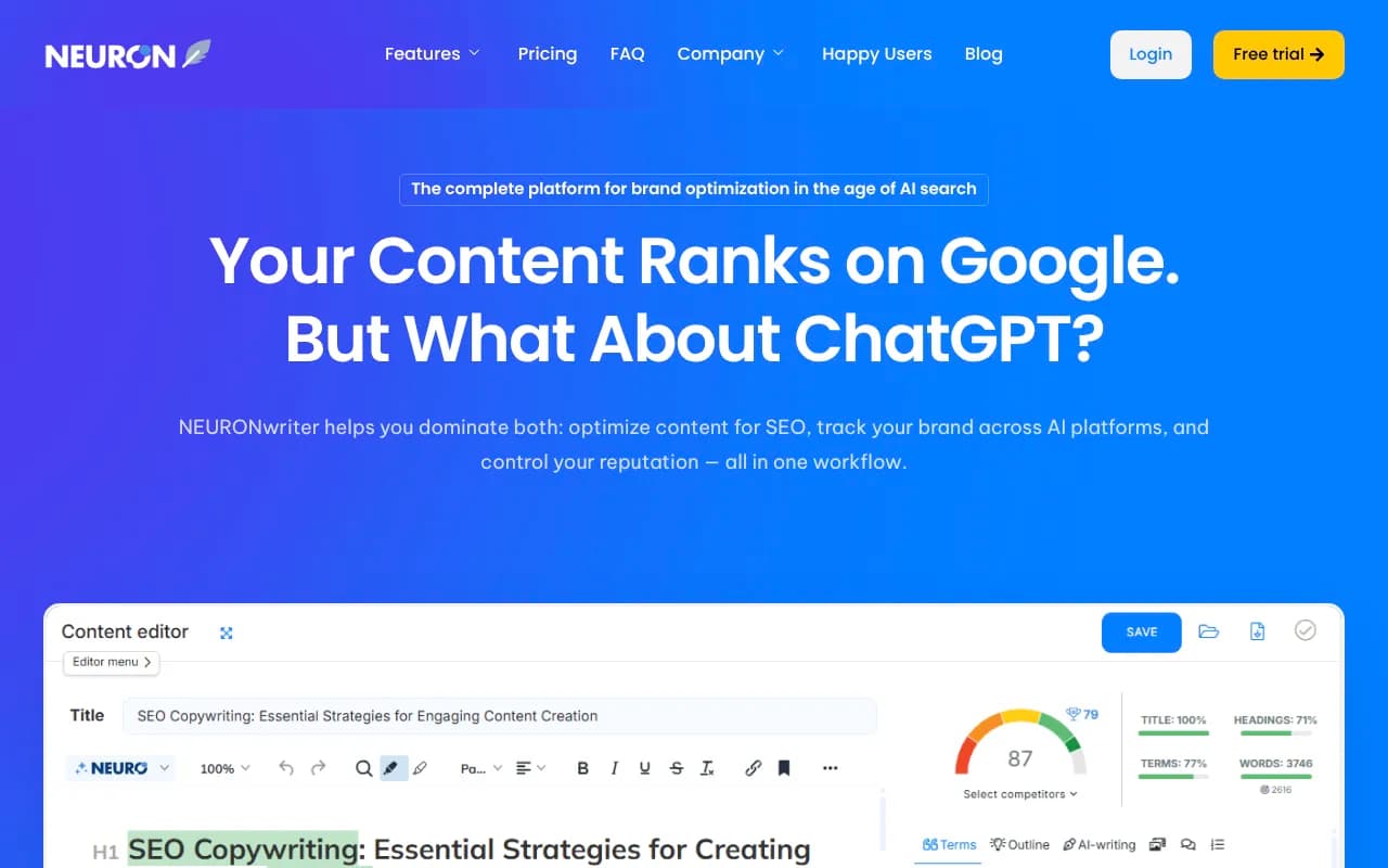 Screenshot of NeuronWriter website