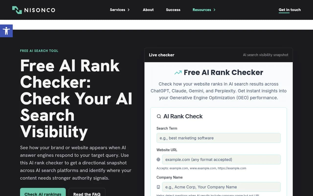 Screenshot of NisonCo AI Rank Checker website