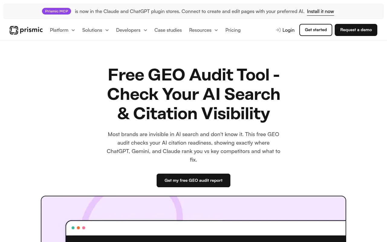 Screenshot of Prismic Free GEO Audit website