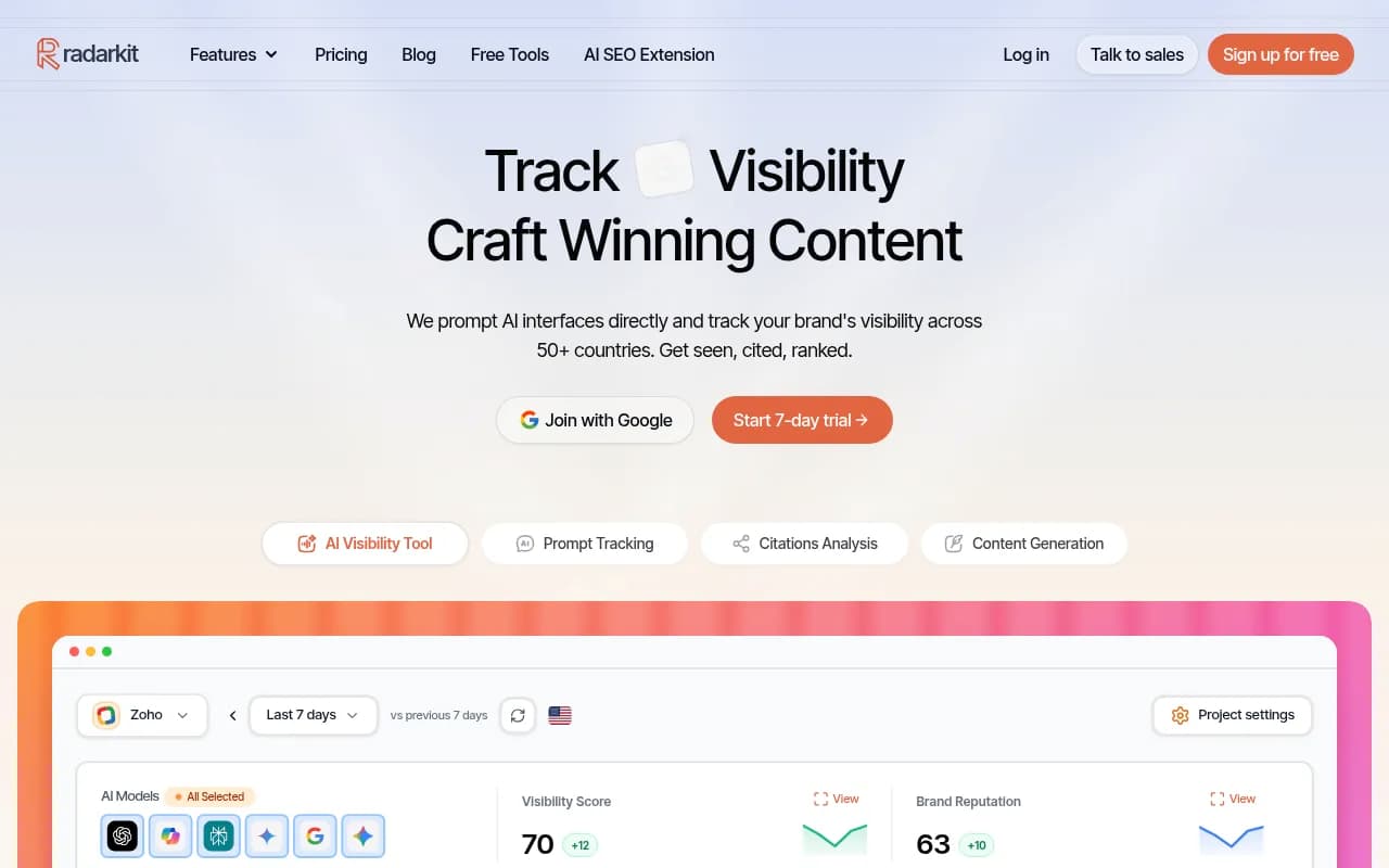 Screenshot of Radarkit website
