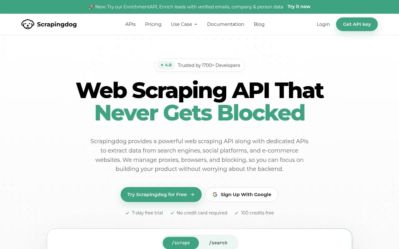Screenshot of Scrapingdog website