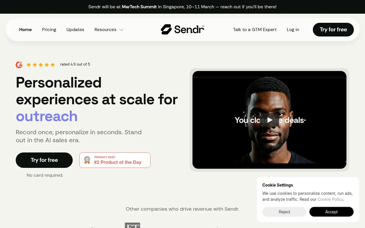 Screenshot of Sendr website