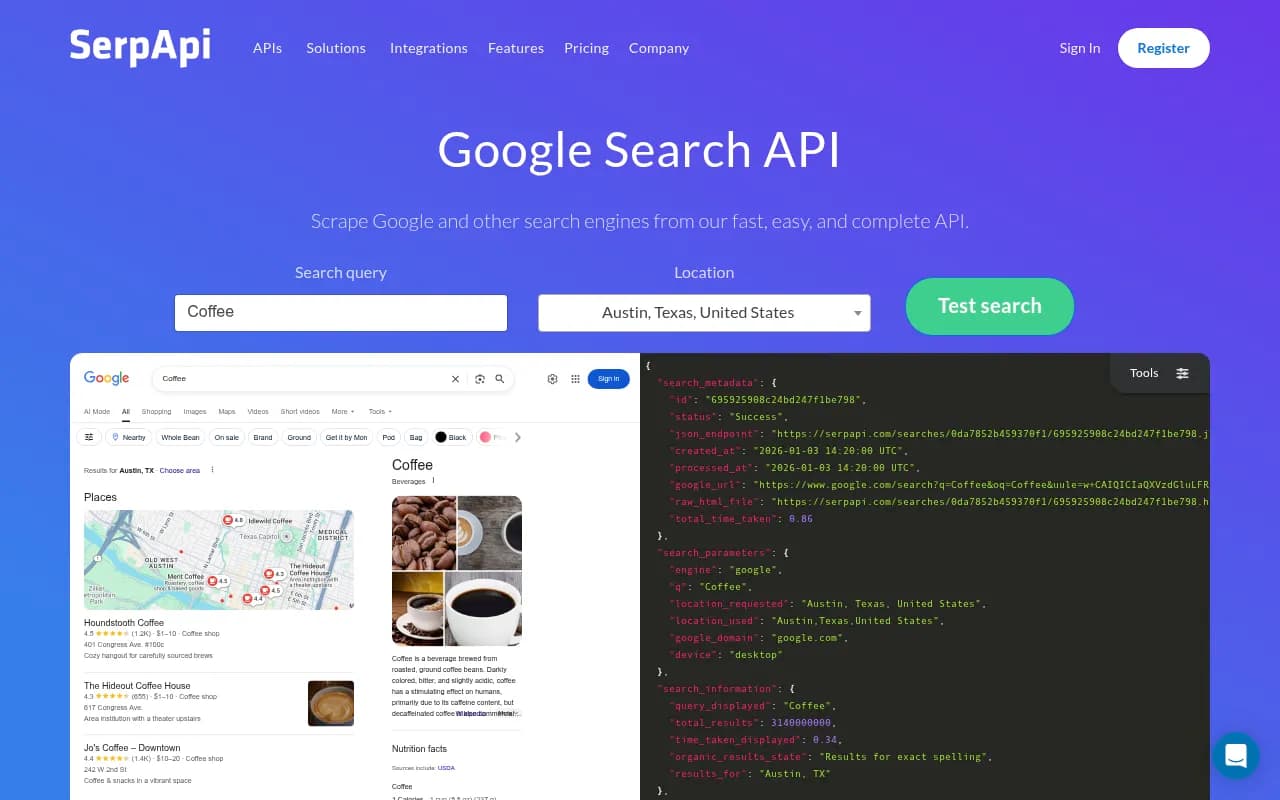Screenshot of SerpApi website