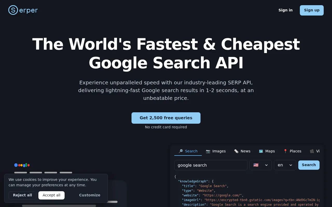 Screenshot of Serper website
