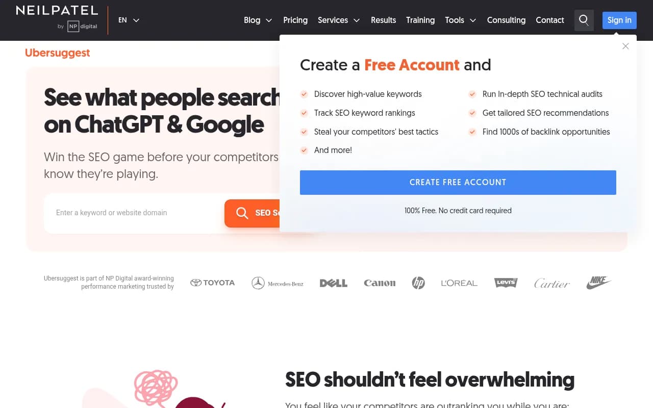 Screenshot of Ubersuggest website