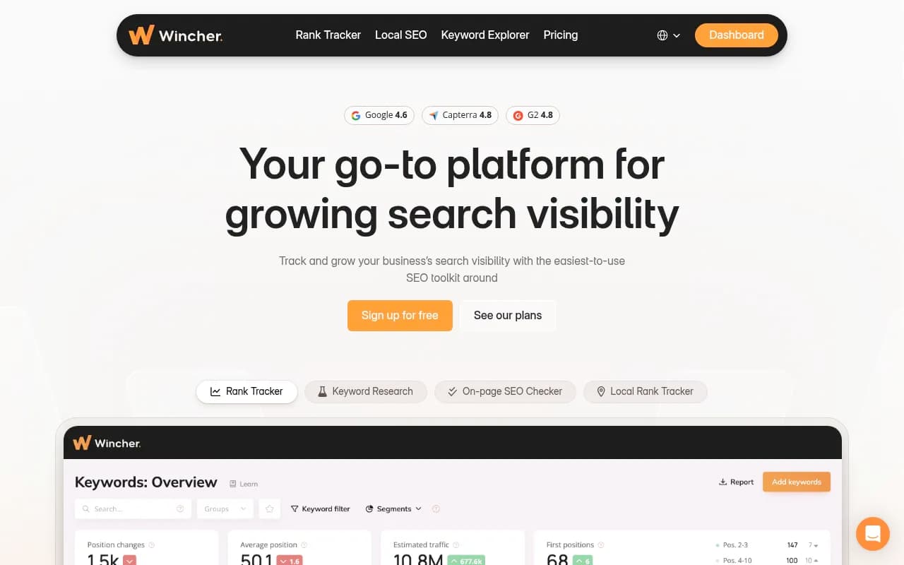 Screenshot of Wincher website