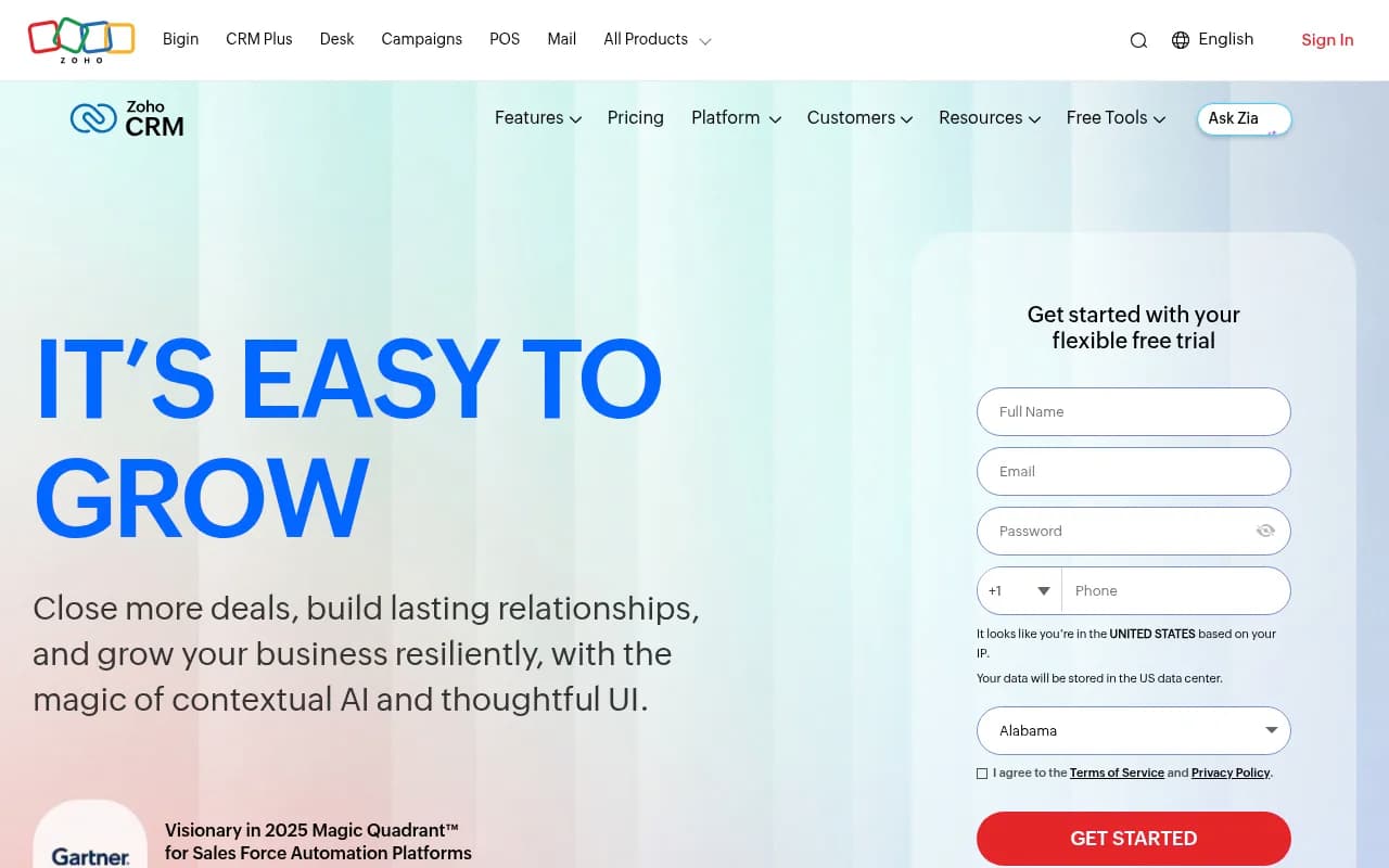 Screenshot of Zoho CRM website